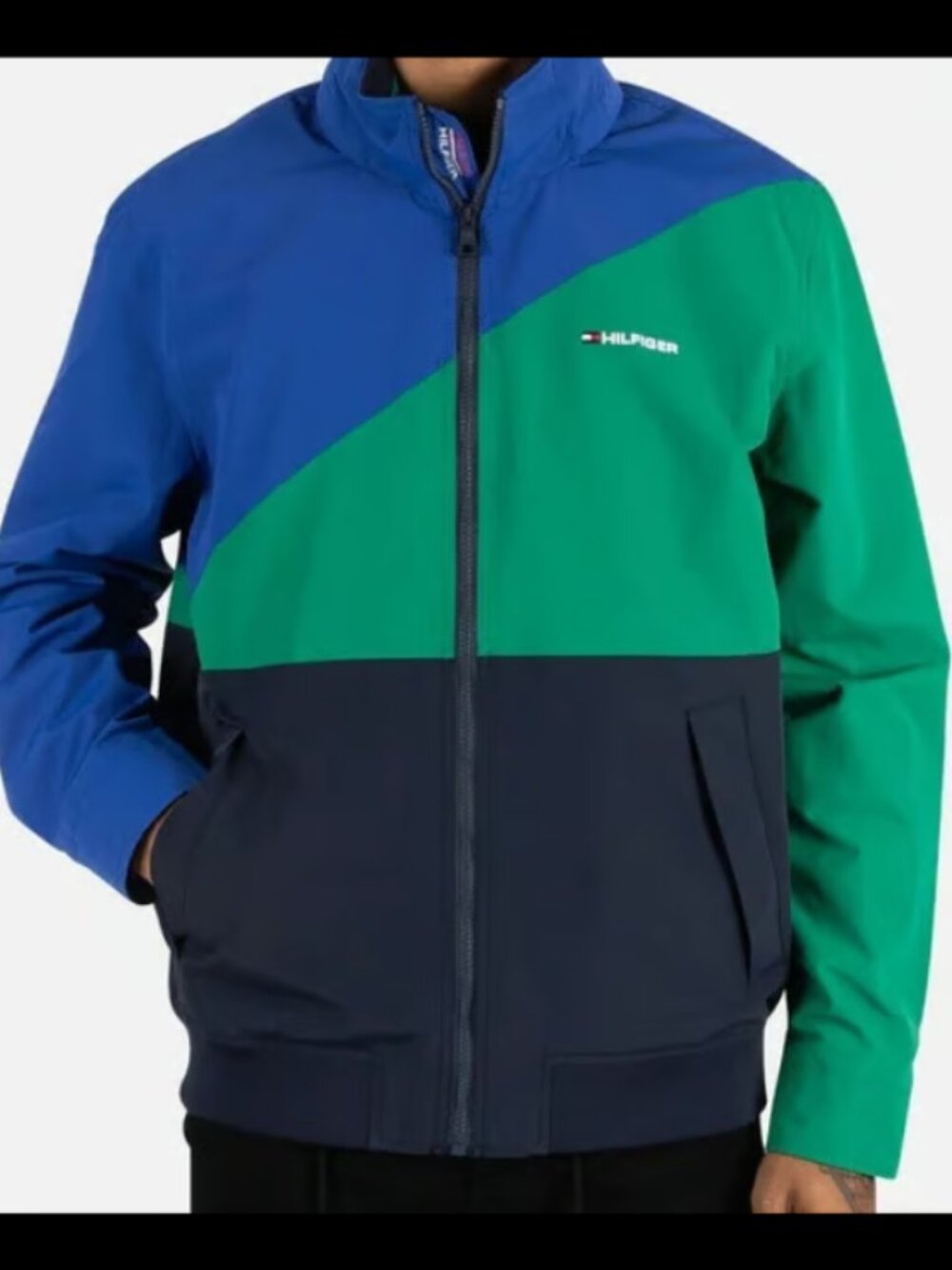 TOMMY HILFIGER ESSENTIAL COLORBLOCK YACHT JACKET BLUE/GREEN-BLACK -Size : Medium